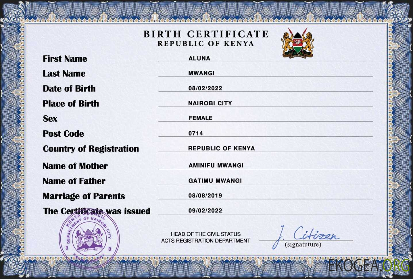 Modèle PSD de certificat de naissance de l'état civil du Kenya